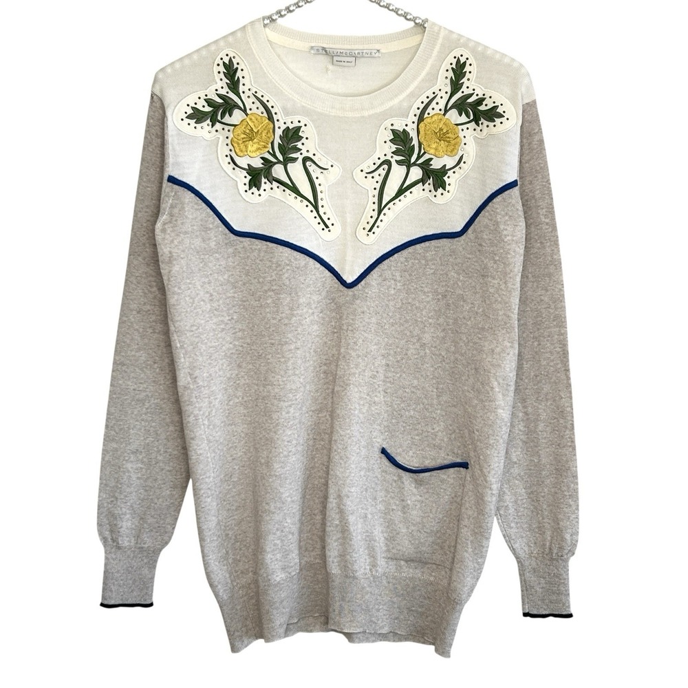 Stella McCartney Wool Crewneck Sweater 38 Western Boho Embroidered Floral FLAW